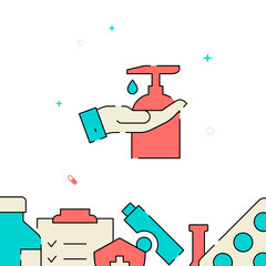 Hand disinfection filled line vector icon, simple illustration, related bottom border.