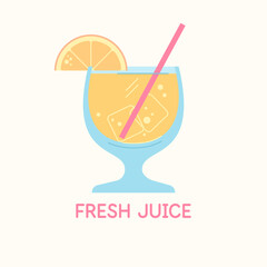 A bright summer poster advertises a refreshing drink. Orange juice in a glass with a straw.