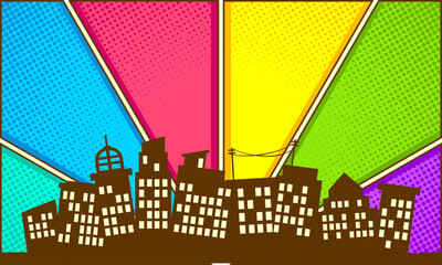 Colorful comic background with city silhouette © anggi wibisono