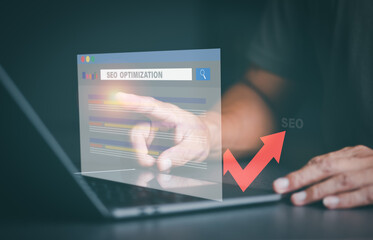 Marketers point virtual screens showing SEO concepts,optimization analytics tools, search engine...