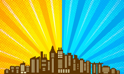 Comic cartoon background with city silhouette