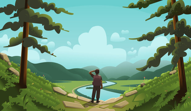 Concept of exploration, discovery, hiking, searching and adventure. A man with a backpack, explorer or traveler stands on top of a mountain and looks at the river