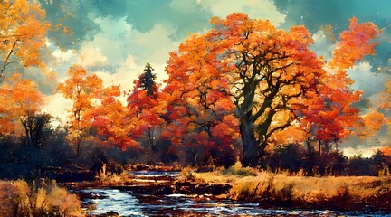 Fototapeta na wymiar oil painting landscape with tree 