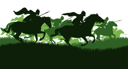 Knights are jumping. Meadow countryside Battlefield. Scenery silhouette. Medieval warriors with spears and in armor ride horses. Object isolated on white background. Vector