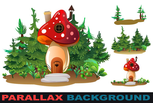 Fly agaric house among grass in meadow. Set parallax effect. Cartoon fairy tale illustration. Insect dwelling. Isolated on white background. Vector