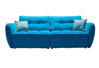 Light blue sofa with checkered pillows isolated. Upholstered furniture for living room. Blue couch isolated