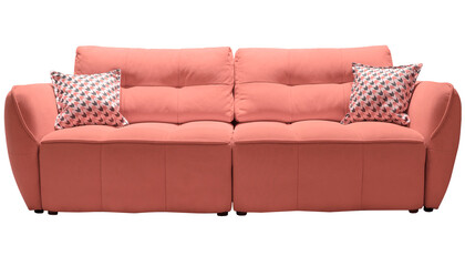 Pink sofa with checkered pillows isolated. Upholstered furniture for living room. Pink couch isolated