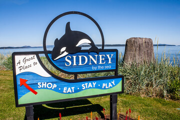 Sidney, BC, Canada, July 10th, 2022: Welcome to Sidney sign