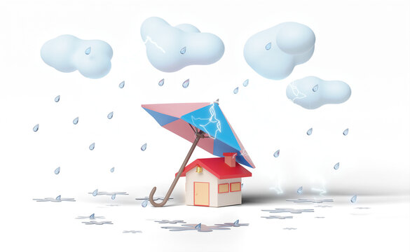 house with umbrella, cloud, drop rain water, thunder isolated. protection and security concept, 3d illustration, 3d render