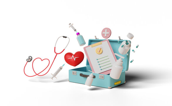 first aid kit bag with check list, stethoscope, syringe, red heart and blood pressure heart rate isolated. health love or world heart day concept, 3d illustration, 3d render