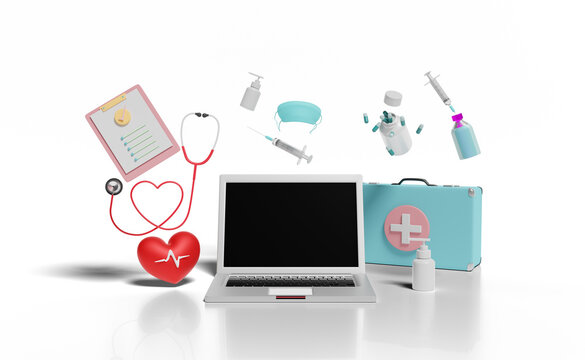 first aid kit bag with laptop computer, check list, stethoscope, syringe, red heart isolated. health love or world heart day concept, 3d illustration, 3d render