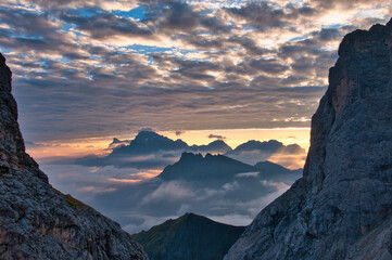 Fototapeta na wymiar Sunrise at Rifugio Mulaz, Alta Via 2, Dolomites, Italy