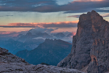 Naklejka premium Sunset from Rifugio Mulaz, Alta Via 2, Dolomites, Italy