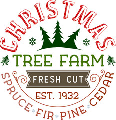 Christmas tree, fresh spruce, cedar, fir, pine. Vintage Christmas sign. Hand lettering typography invitation card. Winter entertainment advertising sign isolated on white background.