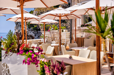 Restaurant patio in Dubrovnik, Croatia with views of the Adriatic Sea
