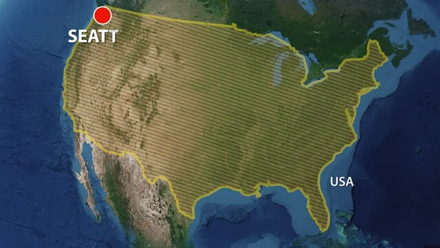 Designation of the borders the United States of America on the map and the mark of the location of the city of Seattle