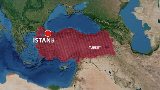 Designation of the borders of Turkey on the map and the mark of the location of the city of Istanbul