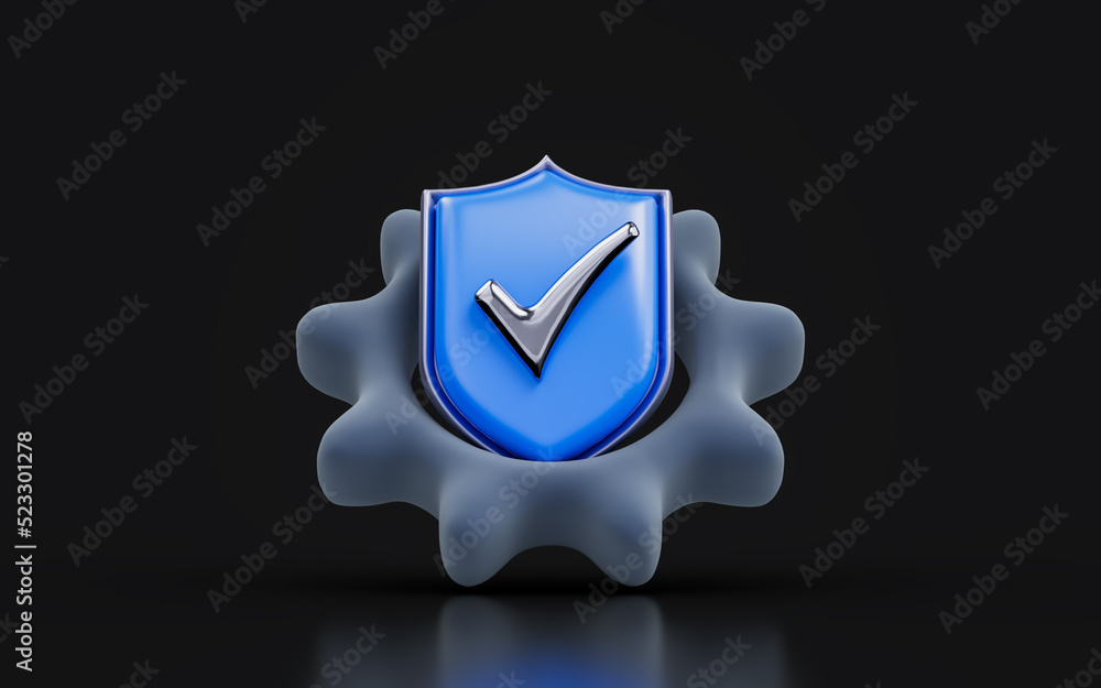 Poster gear security shield check mark sign on dark background 3d render concept for technical protection