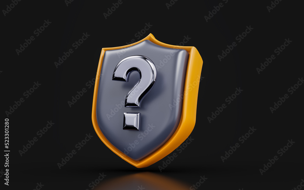 Poster security shield question mark sign on dark background 3d render concept for protection confuse