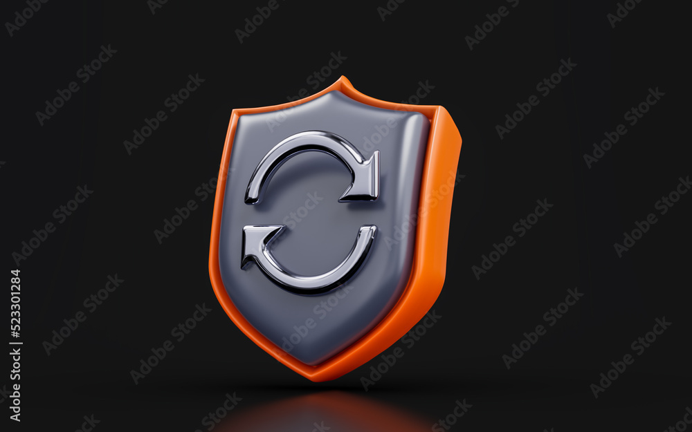 Poster security shield rotation arrow sign on dark background 3d render concept for reset protection