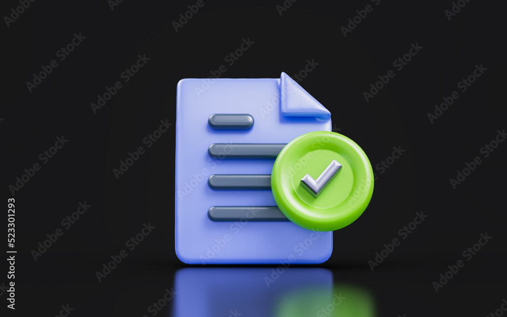 Aufkleber document check mark sign on dark background 3d render concept for paper work complete done