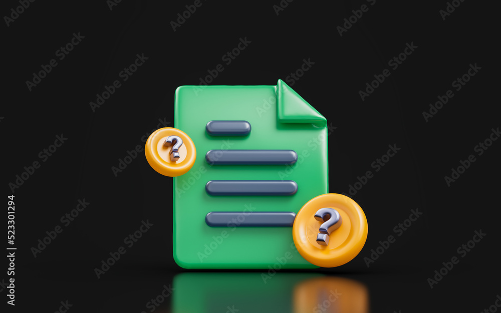 Aufkleber document question mark sign on dark background 3d render concept for confusion notice