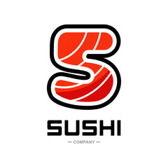 Number 5 sushi vector logo template. Suitable for restaurant or bar sushi,  emblem of Japanese food with icon shape of sushi, label or sticker initial