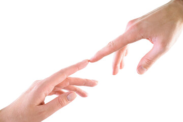 hands reaching out to each other on a white background close-up. mutual support and assistance