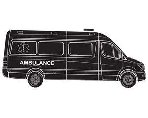 Black silhouette of ambulance car, medical vehicle, vector Illustration on a white background