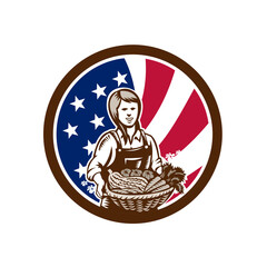 American Female Organic Farmer USA Flag Icon
