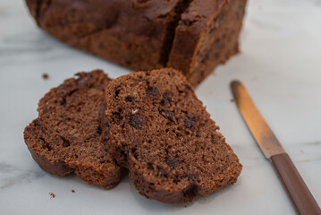 sweet home made chocolate pound cake on a table