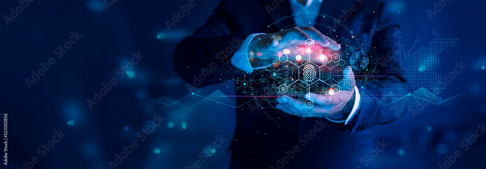 Poster Cyber security and data protection. Businessman protect business and financial data with network connection. Blockchain, fingerprint, Innovation technology develop smart solution from digital attack.