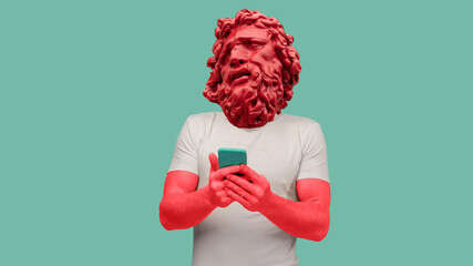 Abstract modern collage. The man with the plaster head of David guy received shocking news on a smartphone on a blue background. - obrazy, fototapety, plakaty
