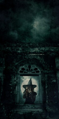 Scary halloween witch standing over ancient castle window wall, full moon with spooky cloudy sky,...