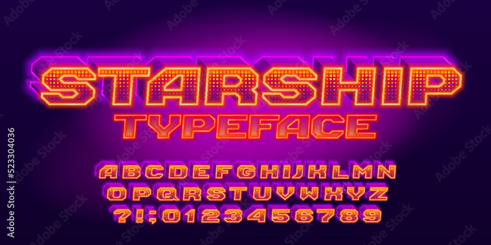 Poster starship alphabet font. 3d glowing letters and numbers. stock vector typescript for your typography 