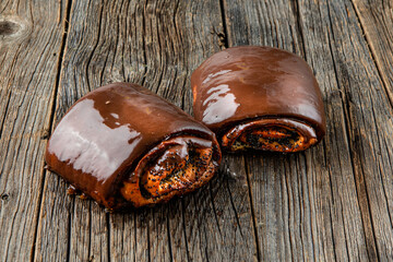 Sweet Soft puff pastry bun with custard, raisins and chocolate Bakery