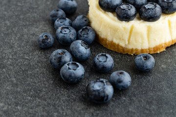 Close-up view of Blueberry cheesecake on stone background
