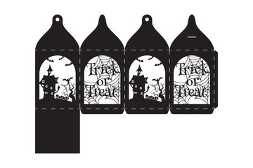 Happy Halloween treat box. Gift party favor box for sweets, candies, small presents, bakery. Simple packaging die cut template for laser cut with bats silhouette. Vector stock illustration