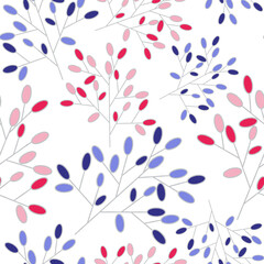Vector drawing of a branch with pink and lilac leaves on a white background. Seamless pattern.
