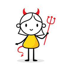Woman in a devil costume. Cartoon Halloween character. Vector stock illustration
