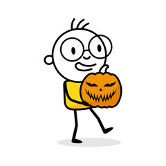 Man carries Halloween pumpkin with Jack-o-lantern facial expressions. Cartoon Halloween character. Isolated vector stock illustration