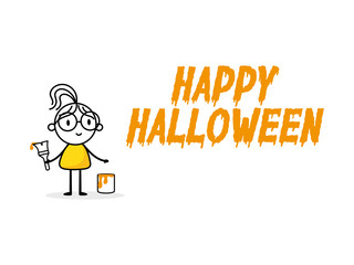 Woman draws yellow words Happy Halloween. Cartoon Halloween character. Isolated vector stock illustration