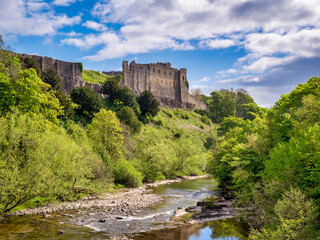 10 May 2022: Richmond, North Yorkshire, UK - The River Swale and Richmond Castle in Spring.