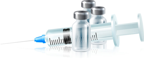 A medical syringe injection and vial bottle, possibly a vaccine, insulin or other medicine.