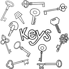 Outline drawing of set of keys vector on white background