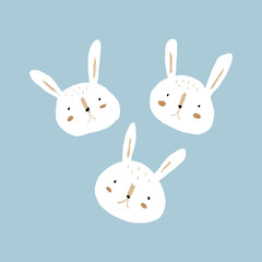 Cute Childish Style Drawing with Sketched Bunnies Isolated on a Pastel Blue Background. Funny Hand Drawn Vector Print with Happy White Rabbits. Sweet Nursery Art ideal for Easter or Chinese New Year.
