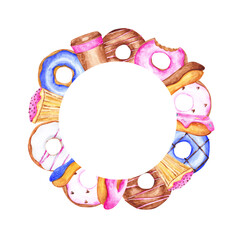Cute birthday frame on a white background. Donuts, cupcakes, garlands, and coffee cups on an empty template in circle form. Round watercolor bakery frame. Dessert illustration.
