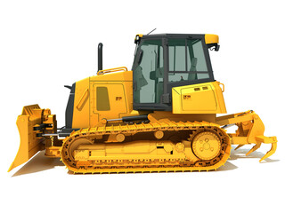 Tracked Dozer heavy construction machinery 3D rendering on white background