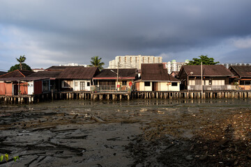 Wooden houses on the sea called Clan Jetty. It is a UNESCO heritage site at Georgetown, Penang, Malaysia. 