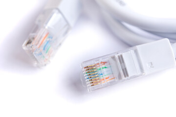An image of computer network cable on white background